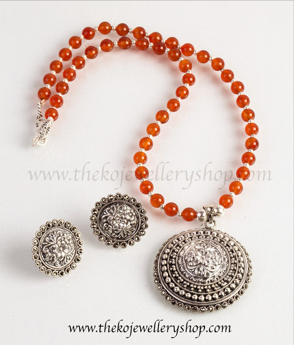 all India shopping Silver Necklace with red Onyx beads 