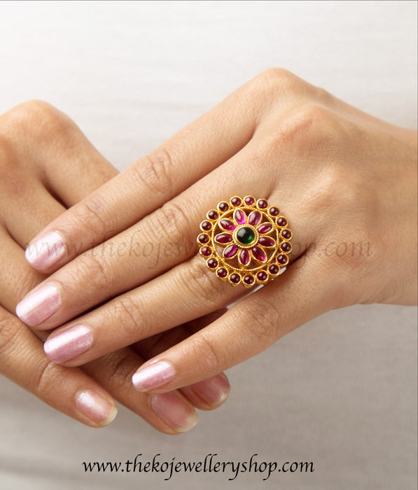 kempu stone studded hand crafted gold dipped silver finger ring
