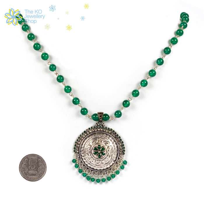 The Ornate Silver Necklace - Green - KO Jewellery