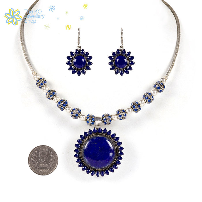 The Silver Sunflower Necklace Set- Blue