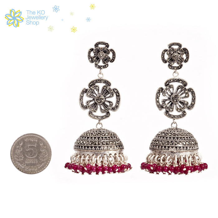 The Silver Sparkling Flower jhumka (Red,Pink) - KO Jewellery