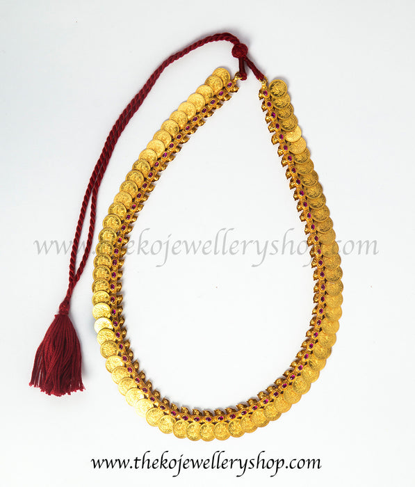 coins of godess Laxmi with kempu stones gold dipped necklace for women